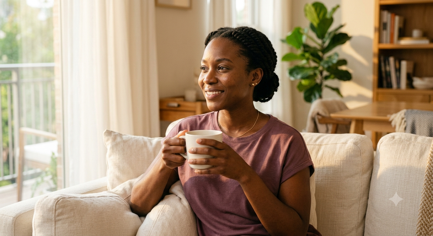 A confident Nigerian woman sitting peacefully, holding a cup of tea